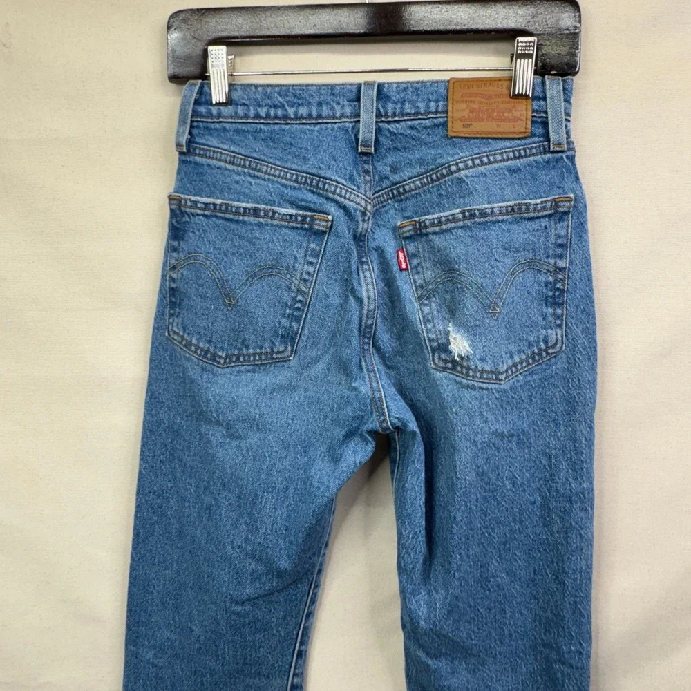 Levi's 501 Premium Jeans W25 L30 Blue Distressed High Rise Button Fly Denim